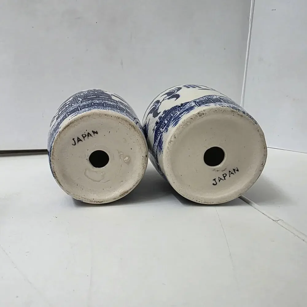 Vintage Blue Willow Salt and Pepper Shaker Set Odd Barrel Shape, Japan